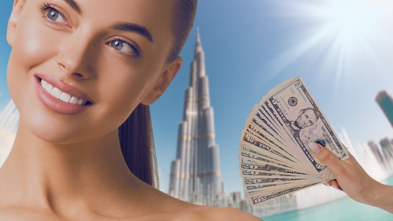 A Woman Smiles in Front of The Burj Khalifa While Holding a Fan of Us Dollar Bills, Symbolizing the Potential Hidden Costs of Getting a Hollywood Smile Makeover in Dubai