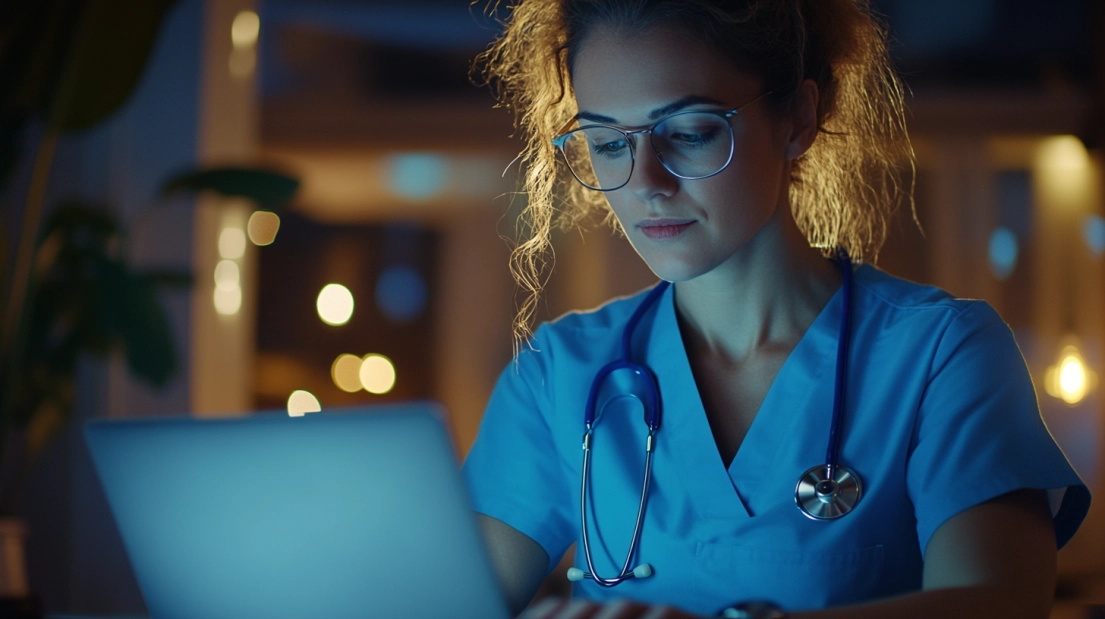 A Nurse in Scrubs Works on A Laptop Late at Night, Representing Dedication and Commitment in An Online DNP Program