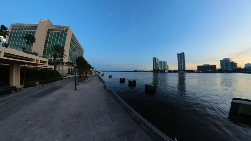 Jacksonville Riverwalk at Dusk, Showing the River, Buildings, and The Hyatt Regency Hotel