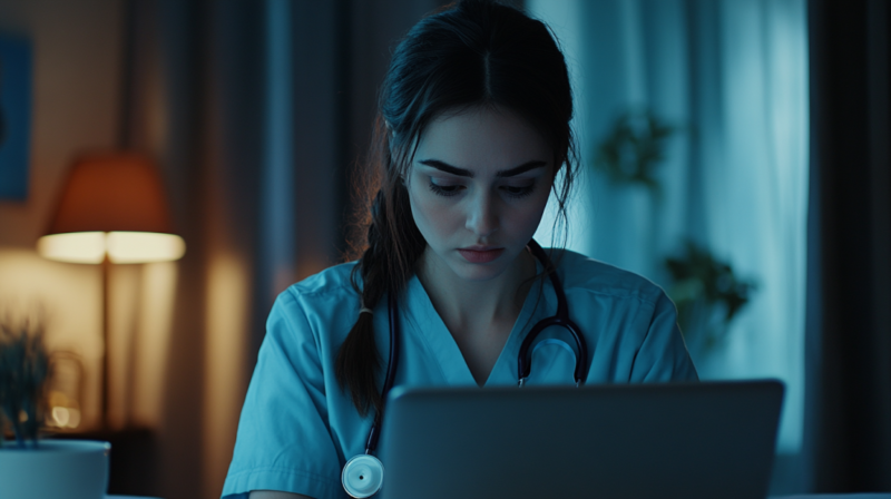 A Female Nurse in Scrubs with A Stethoscope, Focused on Working on Her Laptop