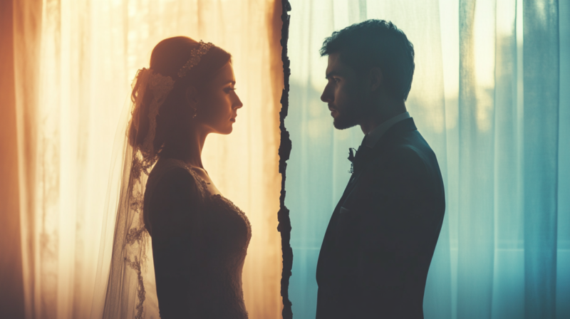 A Bride and Groom Stand Facing Each Other with A Torn Line Between Them