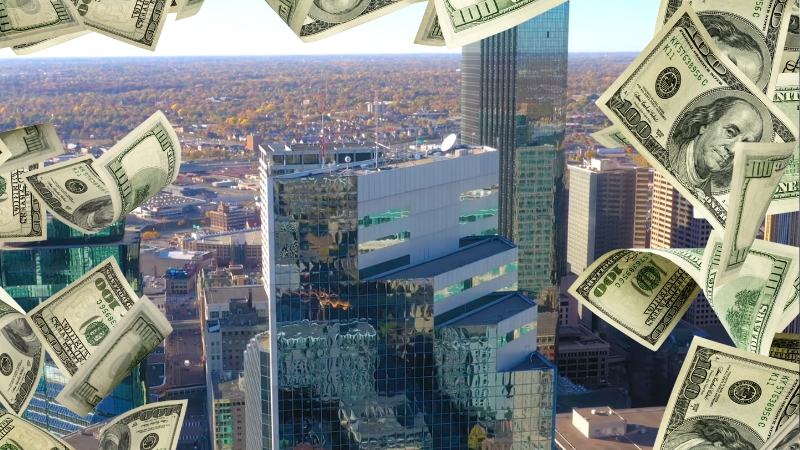 The Image Shows the Minnesota City Skyline with U.S. Dollar Bills in The Foreground