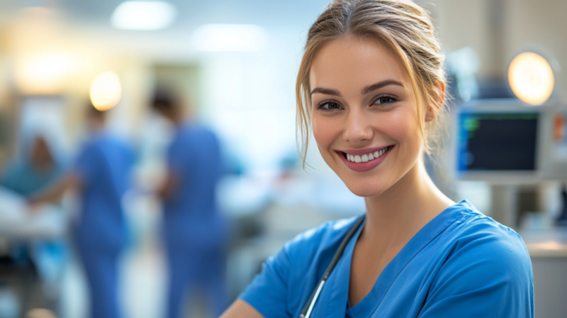 A Smiling Nurse in A Busy Hospital, Symbolizing Nursing Career Advancement Opportunities