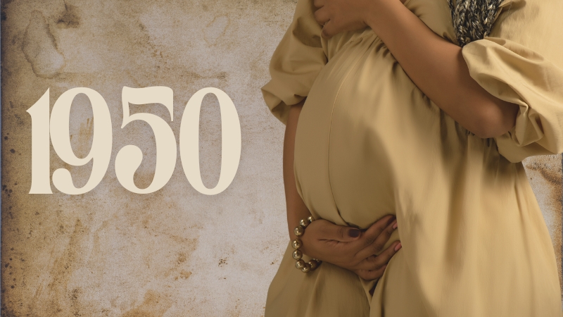 A Pregnant Woman Holding Her Belly with The Year "1950" Displayed