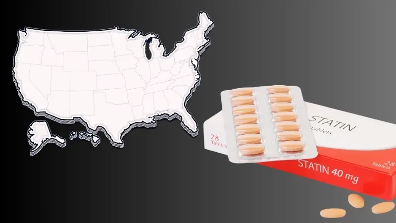 Image of Statin Pills Next to A Map of The U.S., Showing Statin Use in The US