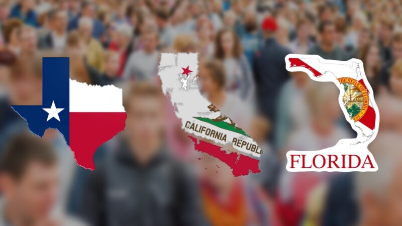 A Graphic Comparing the States of Texas, California, and Florida, Symbolizing Population Differences Among Major U.S. States in 2024