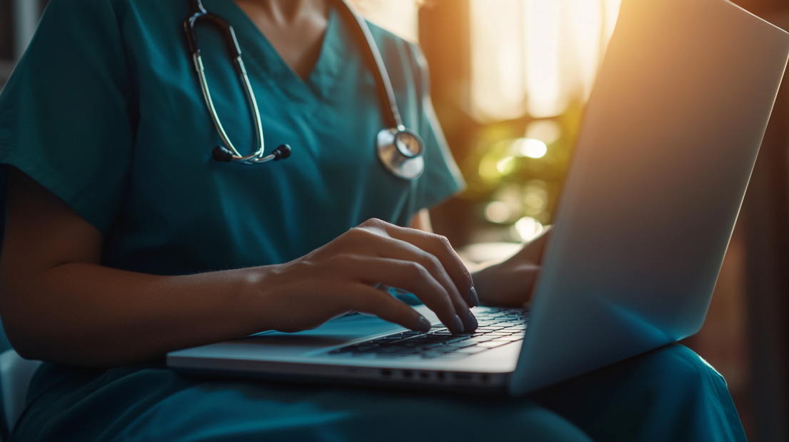 A Healthcare Professional in Scrubs Types on A Laptop, Symbolizing the Growing Accessibility of Online Nursing Programs