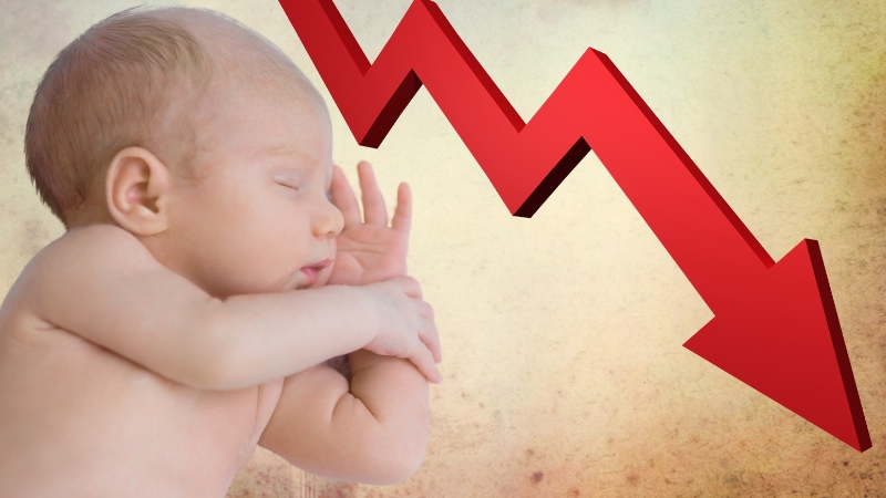 A Newborn Baby Next to A Downward Arrow, Symbolizing the Years of Lowest Population Growth Rates in The U.S