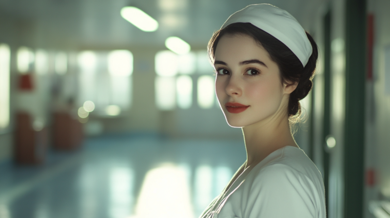 A Young Nurse Standing in A Hospital Hallway