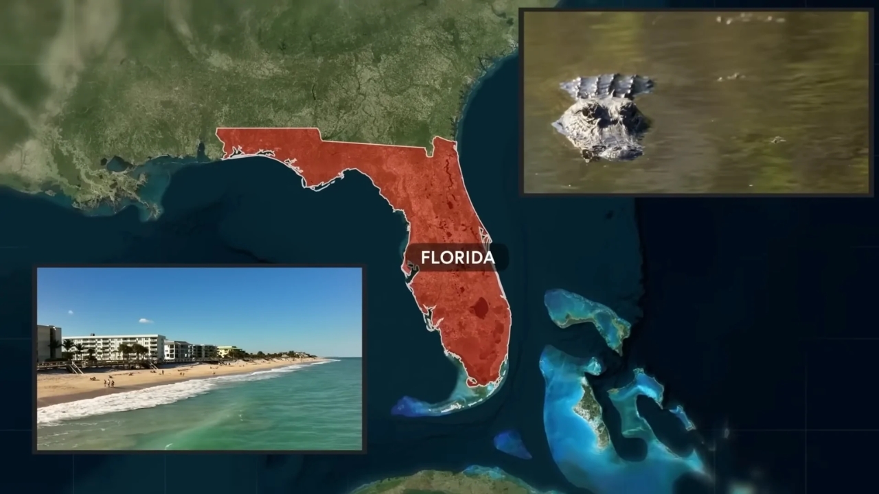 Map of Florida highlighting the state with beach scenery and an alligator, illustrating key aspects of Florida’s population