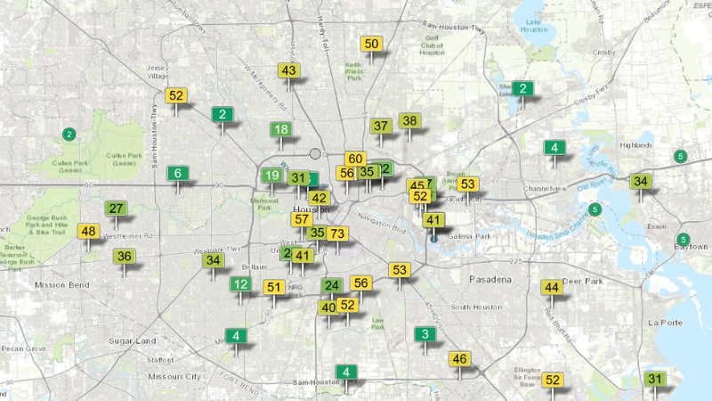 A Map of Houston Shows Air Quality Readings Across Various Locations