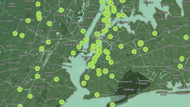 A Map of New York City Showing Air Quality Monitoring Stations and Pollution Levels Across Different Areas