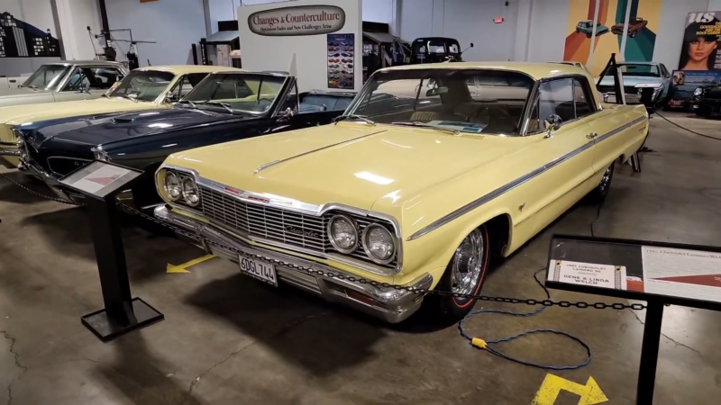 Classic Cars, Including a Yellow Chevrolet, Displayed Inside the California Automobile Museum