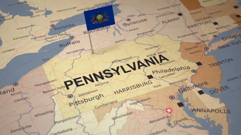 A Map Highlighting Major Cities and Regions in Pennsylvania, Emphasizing the Population of Pennsylvania with A Flag Marking the State