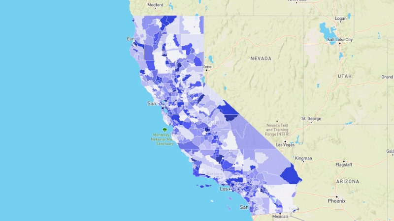 Crime Map of California Showing Areas Color-Coded by Safety Levels