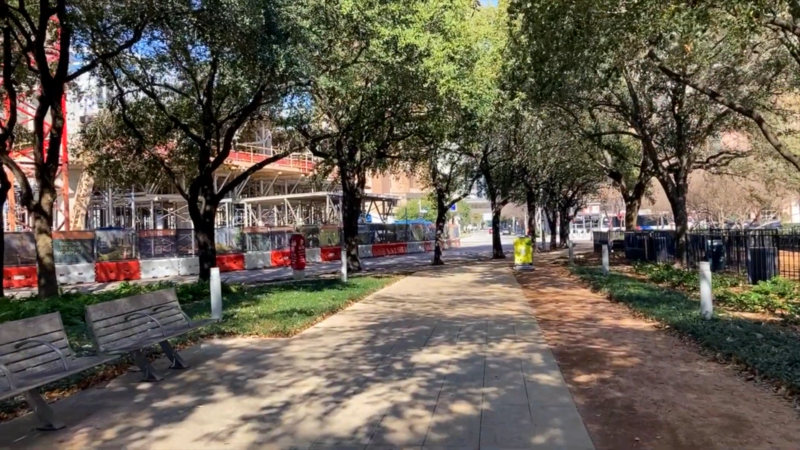 A Tree-Lined Path with Benches at Discovery Green in Houston