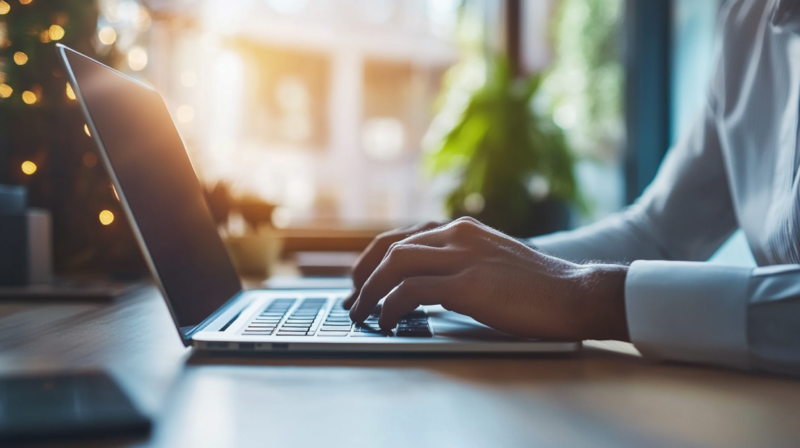 Someone Typing on A Laptop at A Sunlit Desk