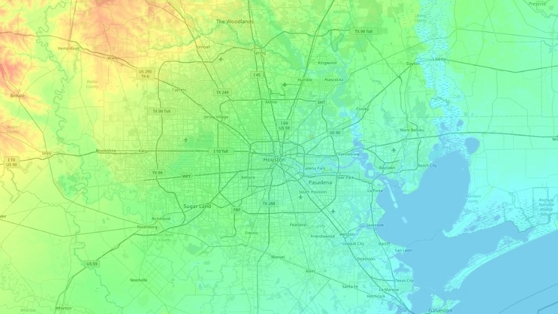 Houston's Geographic Map Shows the City and Surrounding Areas with Color Gradients