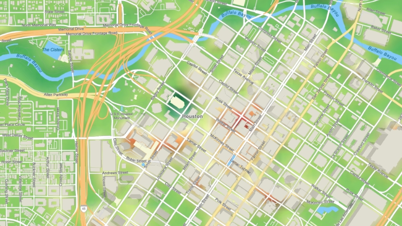 A Detailed Map of Downtown Houston Highlights Street Layouts, Green Spaces, and Major Highways Intersecting the Area