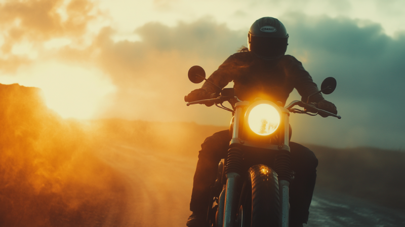 A Motorcyclist Rides on A Dusty Road at Sunset