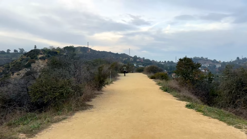 A Person Walking on A Dirt Trail Surrounded by Hills and Greenery at Runyon Canyon Park in Los Angeles