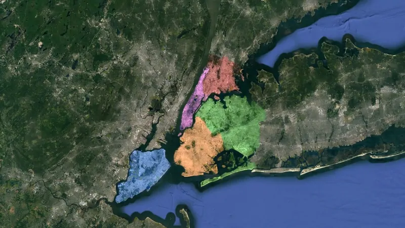 Map of New York City Highlighting Its Five Boroughs in Distinct Colors