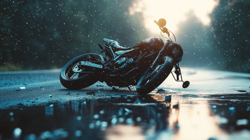 A Fallen Motorcycle Lies on A Wet Road During Rainfall, Highlighting the Aftermath of An Accident