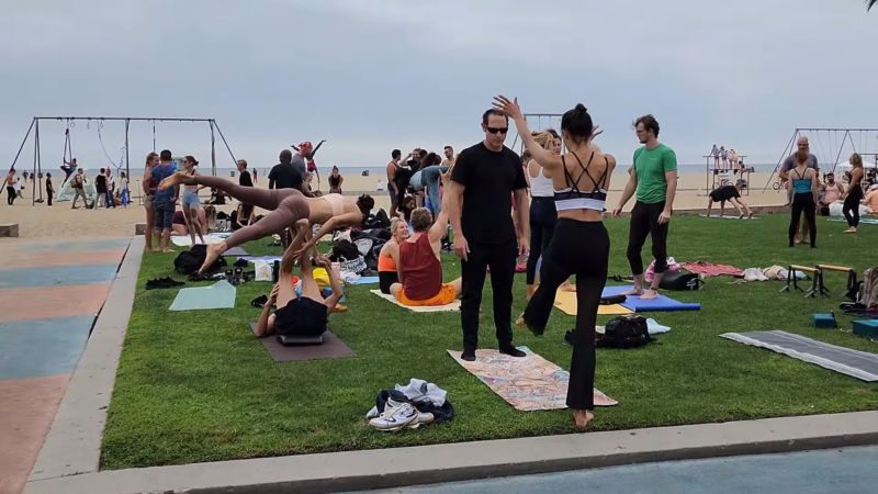 People Practicing Acrobatics and Yoga on The Lawn at Muscle Beach in Santa Monica