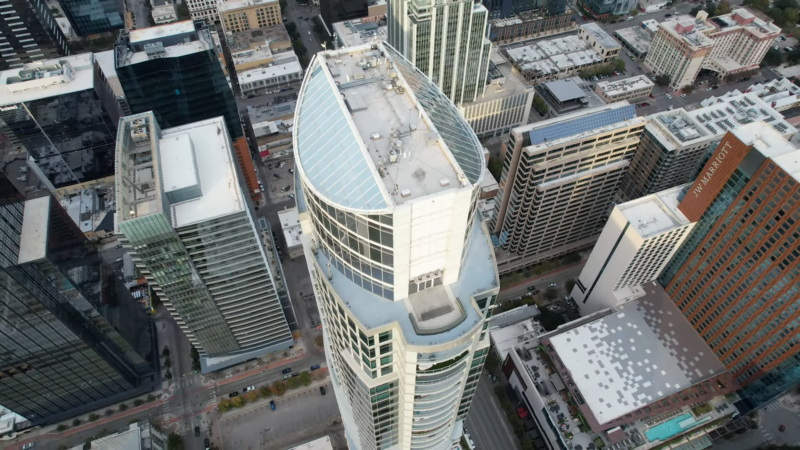 Aerial View of The Austonian Skyscraper in Downtown Austin, Texas