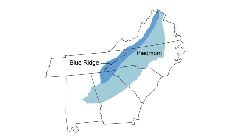 Topography of the Blue Ridge and Piedmont in Georgia