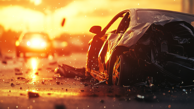 Car Crash Wreckage at Sunset