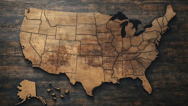 A wooden map of the United States highlighting the locations of the fastest growing cities in the US