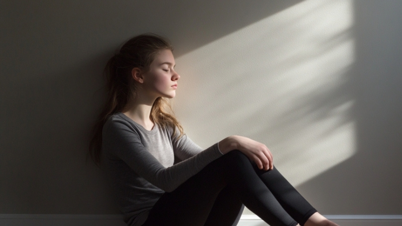 A Young Person Sitting in A Corner with Closed Eyes, Seemingly Lost in Thought, in A Moment of Quiet Reflection