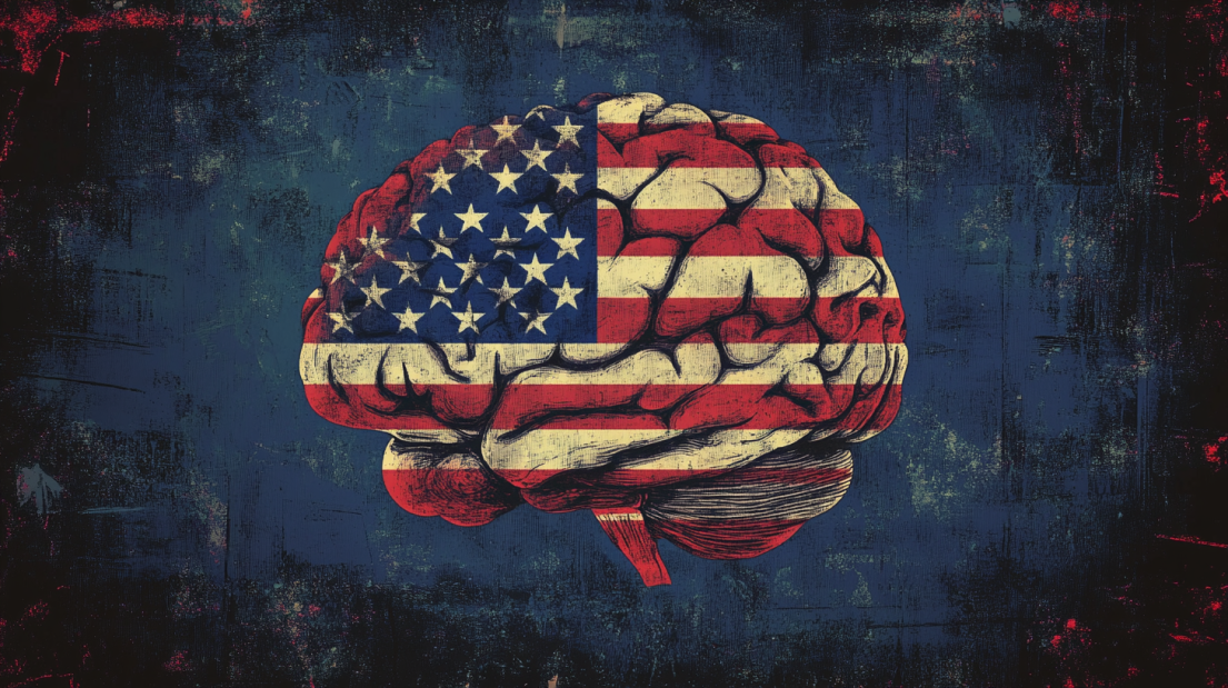 The Image Shows an Illustration of A Brain with The United States Flag Design, Representing the Concept of "Average IG by State"