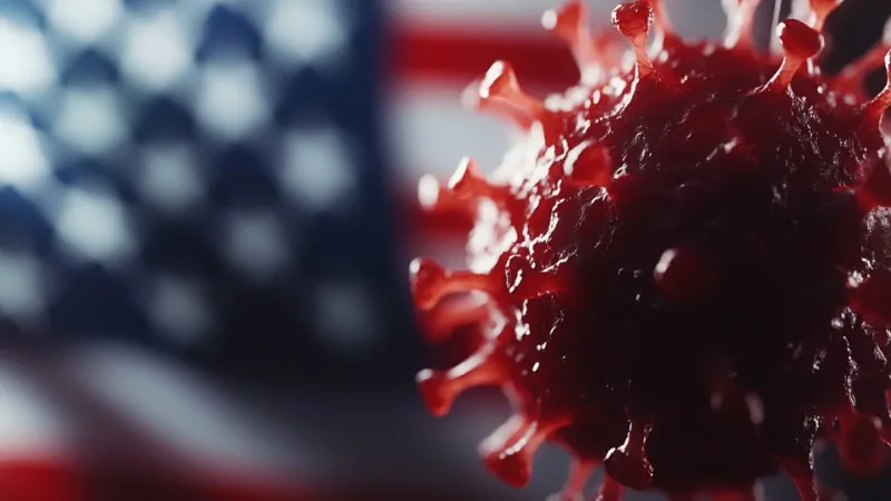 Close-Up of A Covid-19 Virus Against a Blurred Background of The American Flag