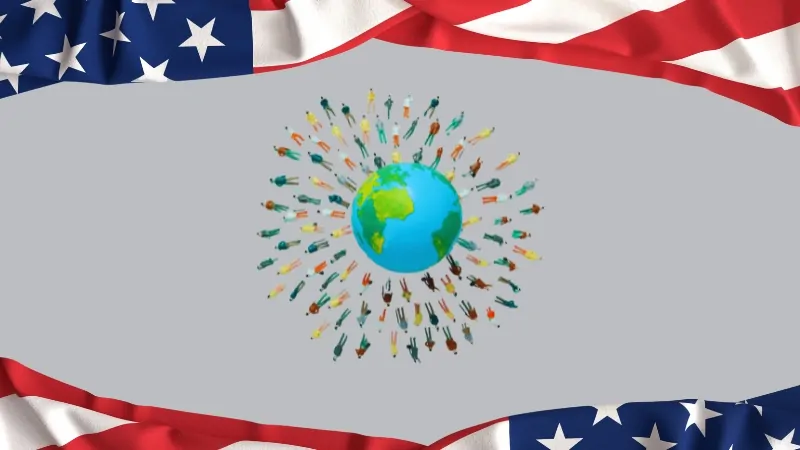 An Illustration of Global Diversity Surrounded by The U.S. Flag, Highlighting Disparities in Life Expectancy Among Wealthy Nations