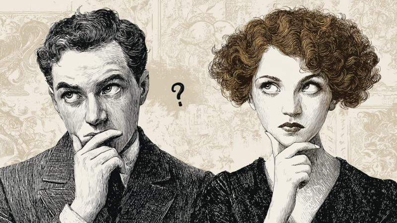Man and woman thinking with a question mark between them about gender differences in IQ