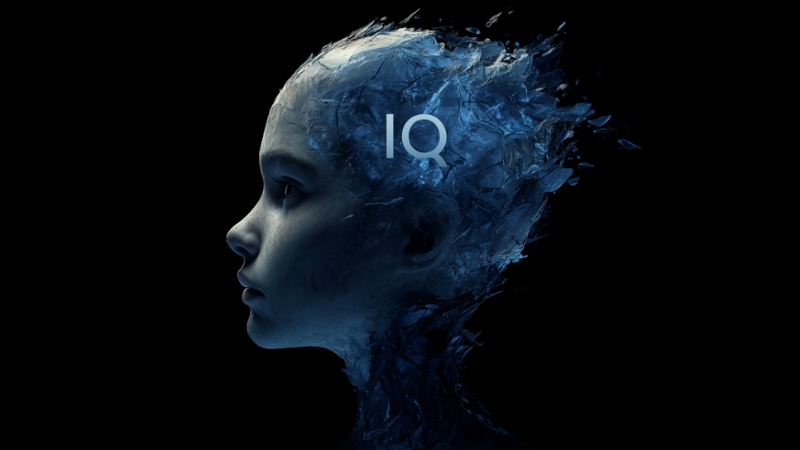Profile of a human head with blue abstract texture and the word IQ