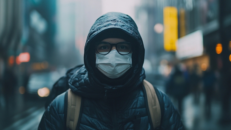 A Person Wearing a Mask and Hooded Jacket Stands on A City Street