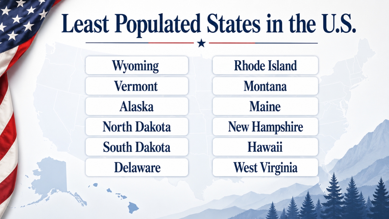 Infographic of the least populated U.S. states over a pale U.S. map