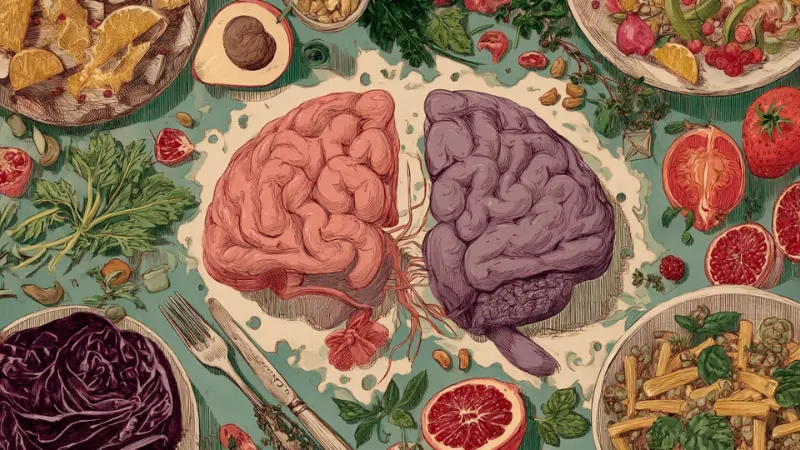 An artistic illustration of a brain surrounded by fruits, vegetables, and healthy foods