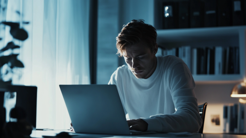 A Man Working Late at His Laptop in A Room