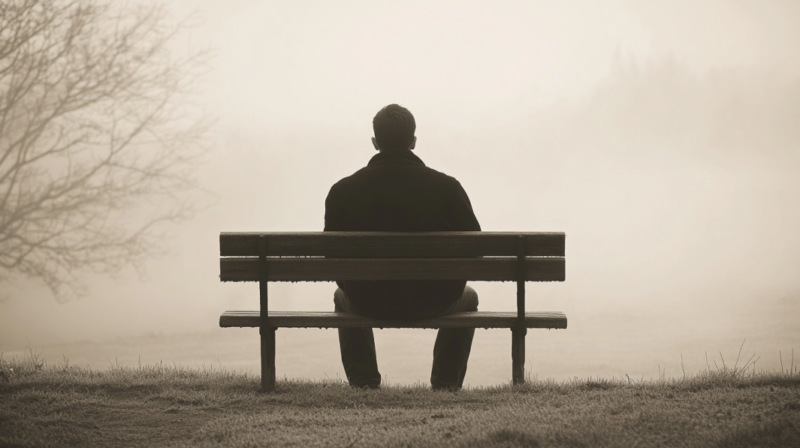 A Person Sits Alone on A Bench in A Foggy, Empty Landscape, Facing Away from The Camera