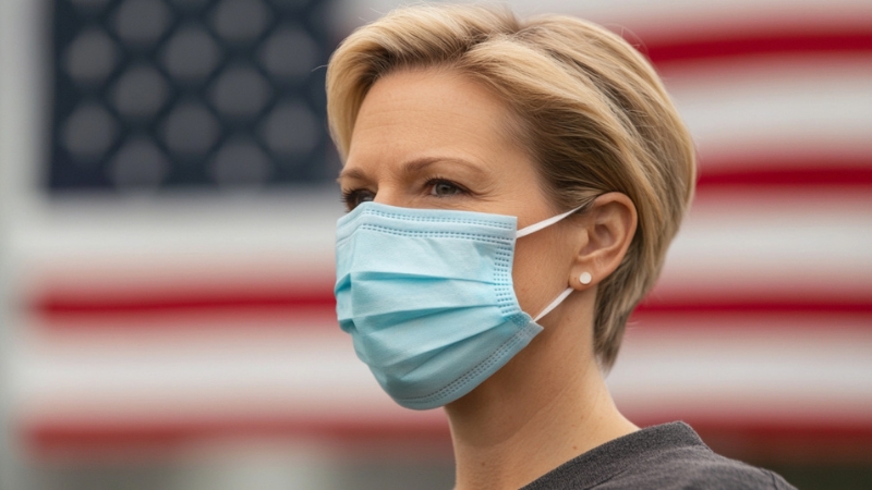 Woman Wearing a Blue Mask in Front of An American Flag