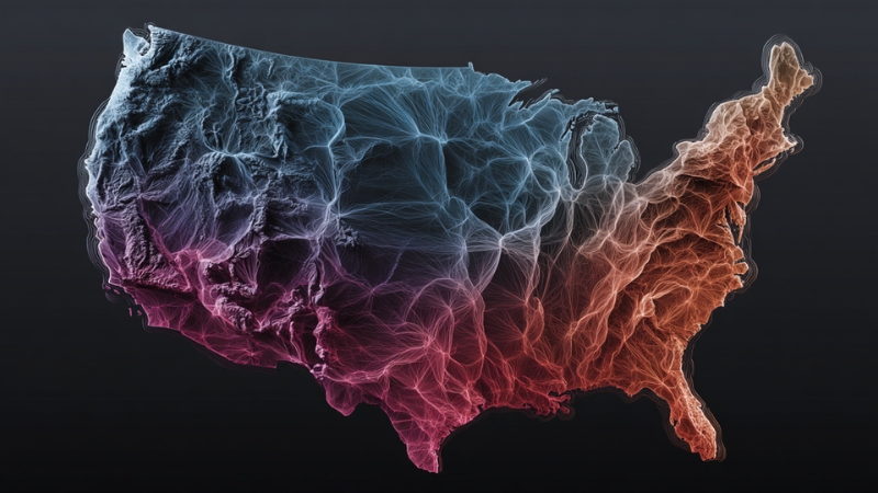 A digital map of the United States with glowing interconnected lines in blue, red, and purple