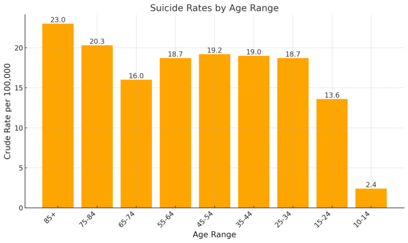 US Suicide Rates by Age Range Chart