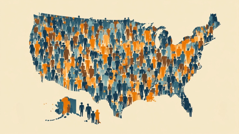 Colorful, Artistic Map of The United States Filled with Silhouettes Representing Population Growth Across the Country