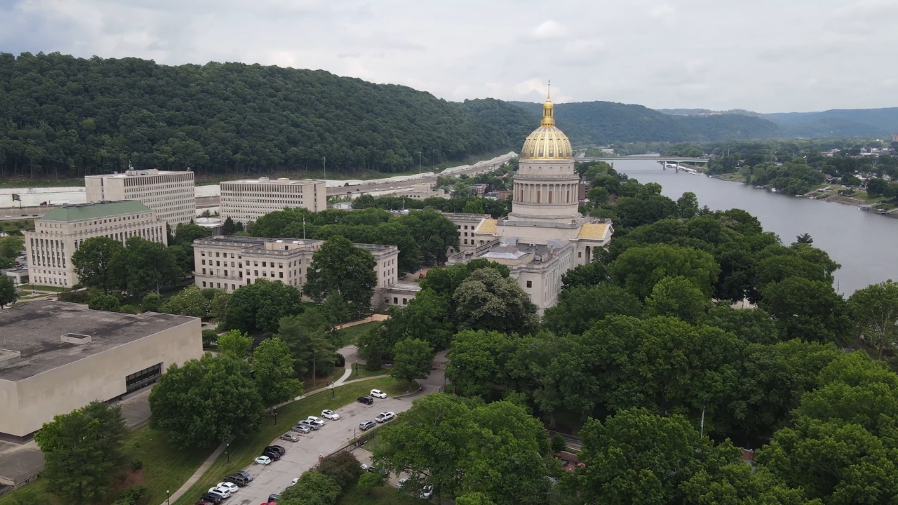 West Virginia State Capitol stands beside the Kanawha River in Charleston