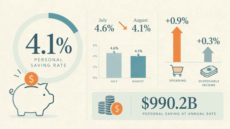 Infographic showing the U.S. personal saving rate falling from 4.6% in July to 4.1% in August
