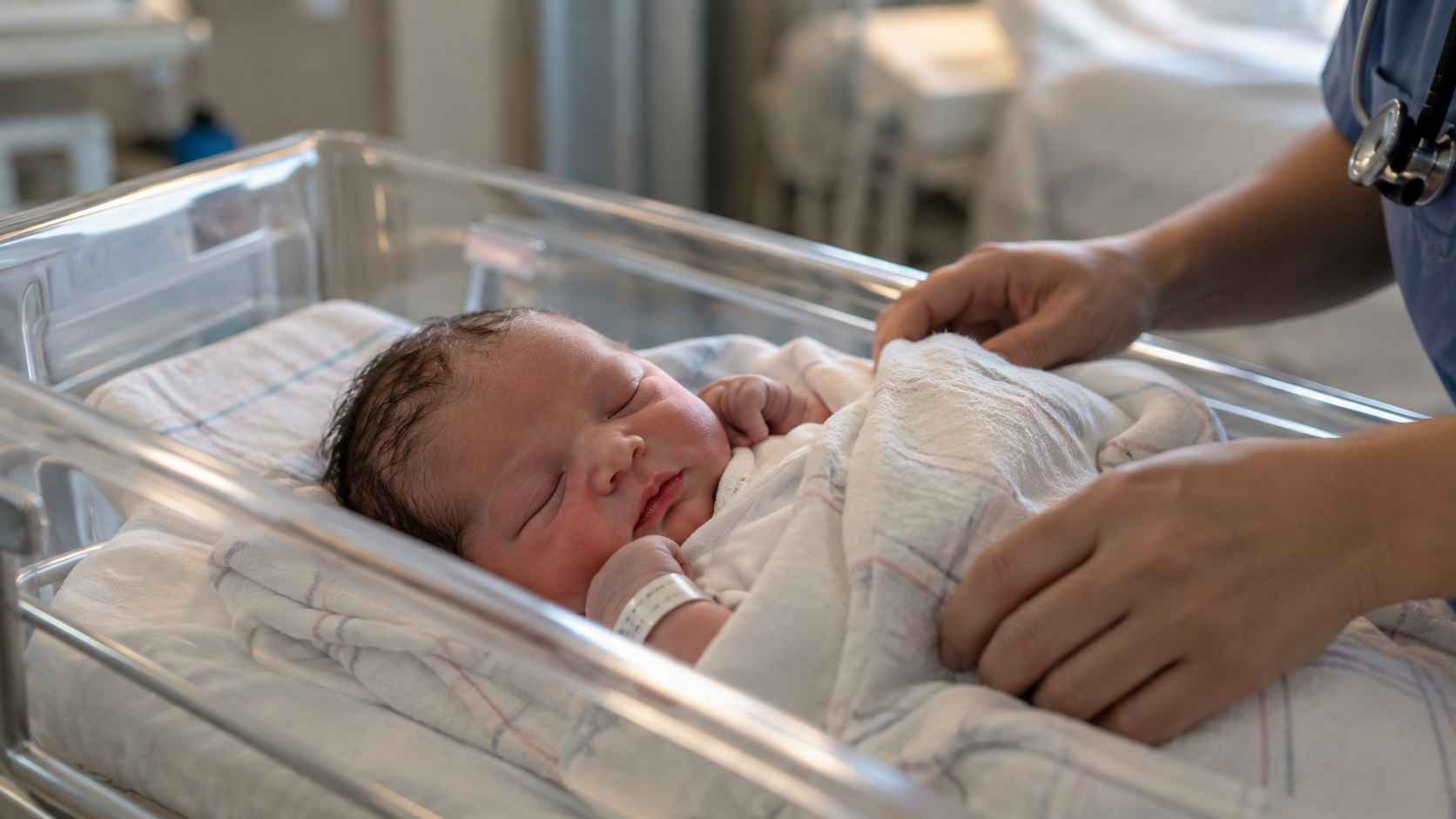 Sleeping newborn wrapped in a hospital blanket as a healthcare worker gently adjusts the bedding.